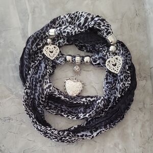 Black Grey Ombre Animal Print Scarf with Silver Heart Pendants